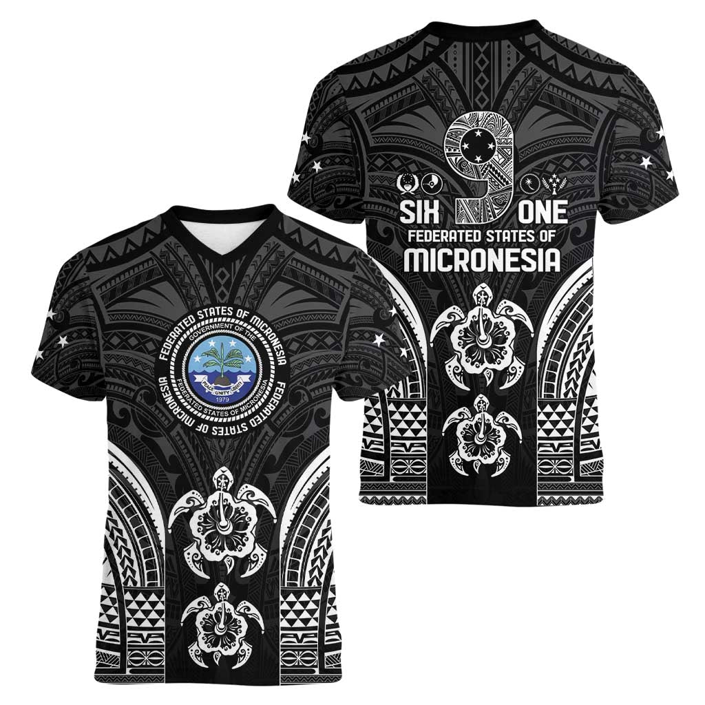 FSM Micronesia Six 9 One Women V-Neck T-Shirt Polynesian Tribal Pattern