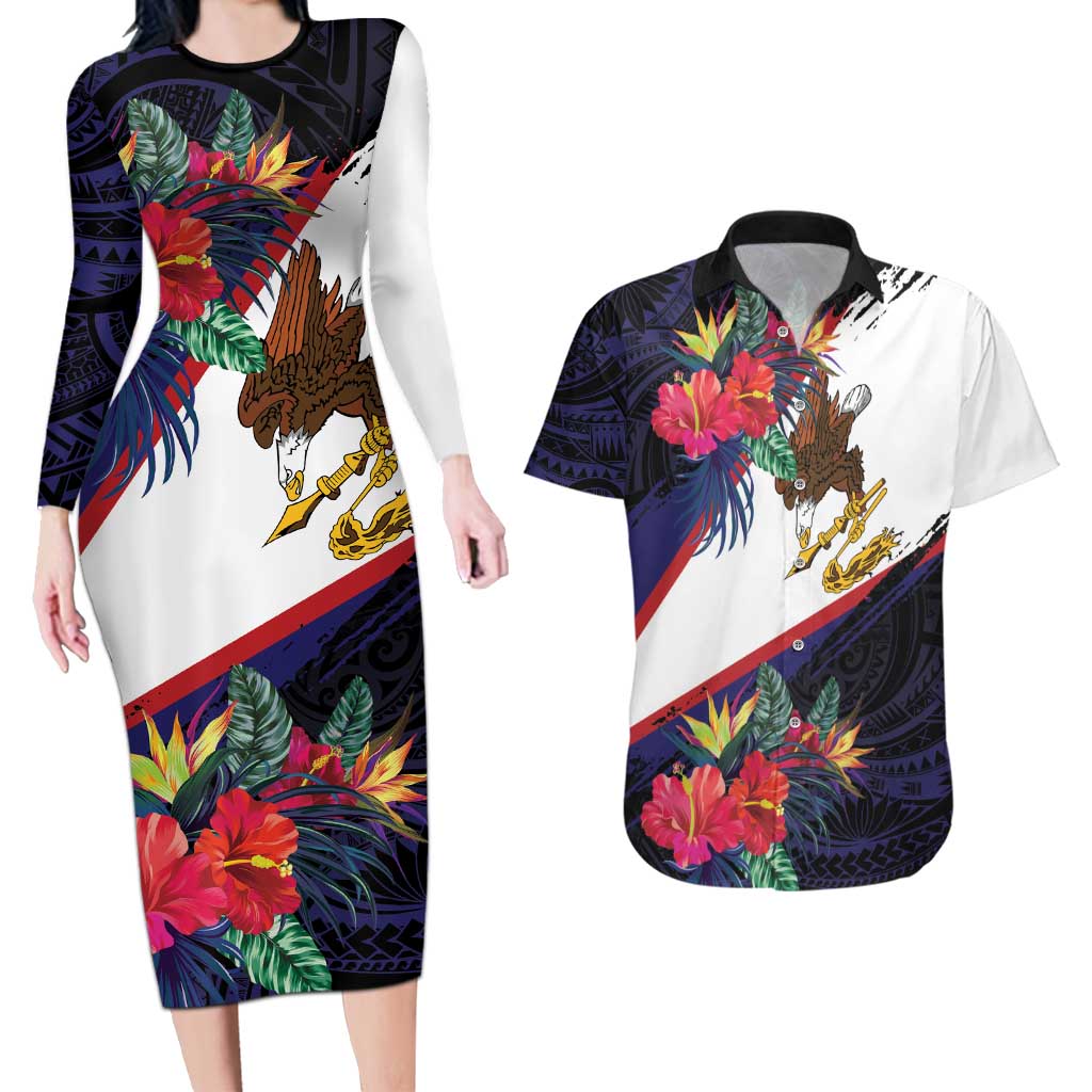 American Samoa Flag Day Since 1900 Couples Matching Long Sleeve Bodycon Dress and Hawaiian Shirt Samoa Muamua Le Atua Tropical Flowers LT9 Blue - Polynesian Pride