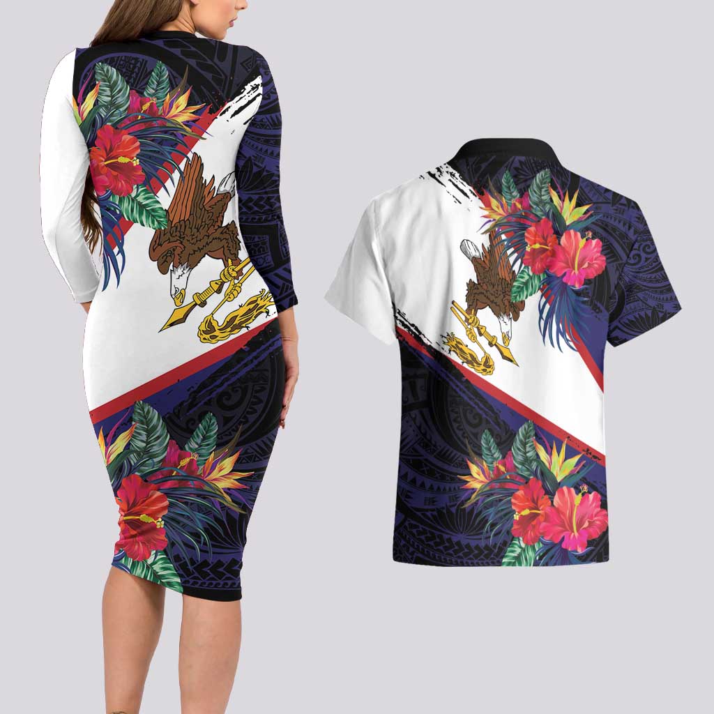 American Samoa Flag Day Since 1900 Couples Matching Long Sleeve Bodycon Dress and Hawaiian Shirt Samoa Muamua Le Atua Tropical Flowers LT9 - Polynesian Pride