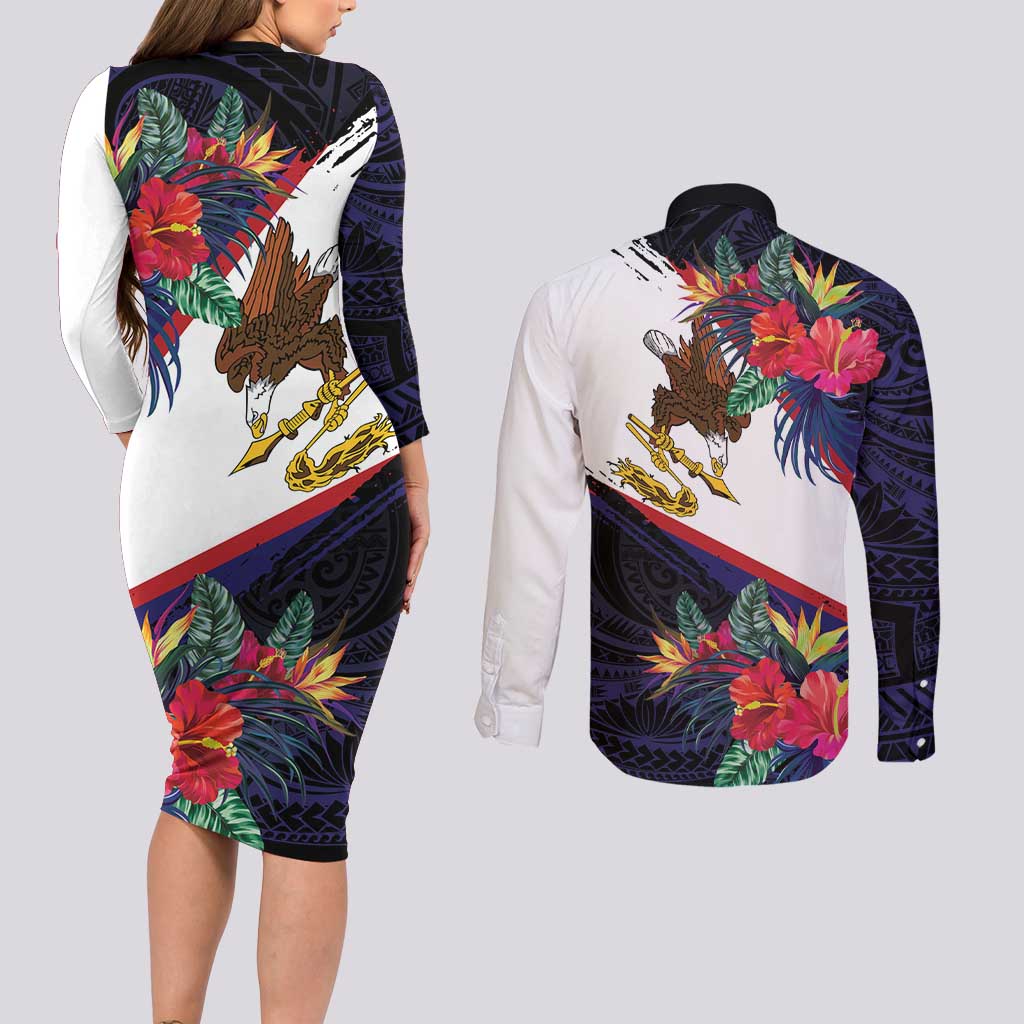 American Samoa Flag Day Since 1900 Couples Matching Long Sleeve Bodycon Dress and Long Sleeve Button Shirt Samoa Muamua Le Atua Tropical Flowers LT9 - Polynesian Pride