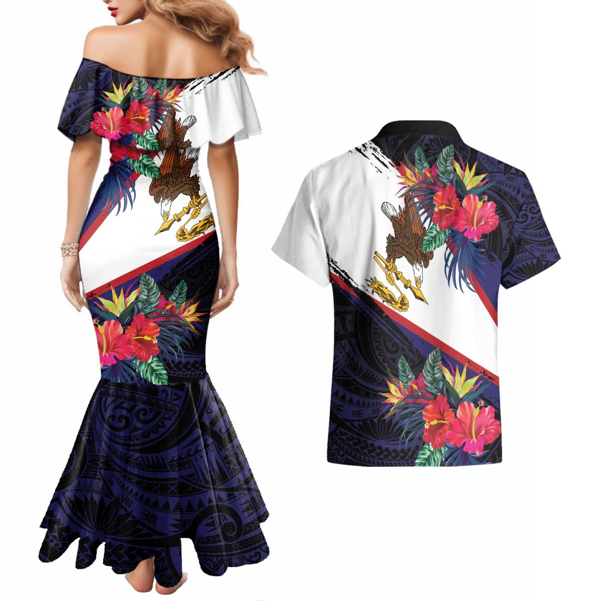 American Samoa Flag Day Since 1900 Couples Matching Mermaid Dress and Hawaiian Shirt Samoa Muamua Le Atua Tropical Flowers LT9 - Polynesian Pride