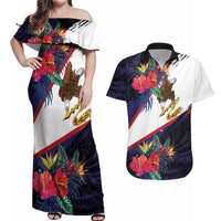 American Samoa Flag Day Since 1900 Couples Matching Off Shoulder Maxi Dress and Hawaiian Shirt Samoa Muamua Le Atua Tropical Flowers LT9 Blue - Polynesian Pride
