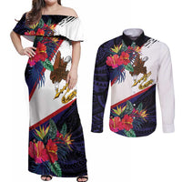 American Samoa Flag Day Since 1900 Couples Matching Off Shoulder Maxi Dress and Long Sleeve Button Shirt Samoa Muamua Le Atua Tropical Flowers LT9 Blue - Polynesian Pride