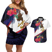 American Samoa Flag Day Since 1900 Couples Matching Off Shoulder Short Dress and Hawaiian Shirt Samoa Muamua Le Atua Tropical Flowers LT9 Blue - Polynesian Pride