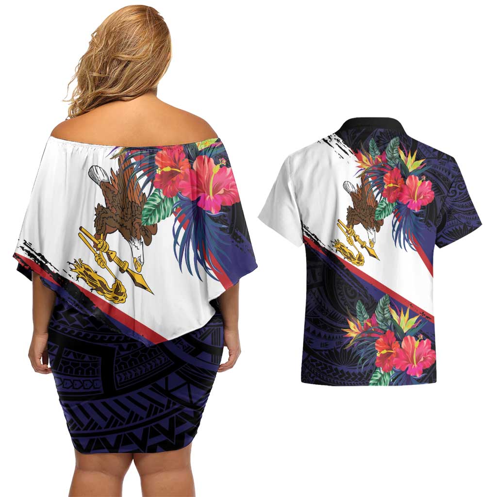 American Samoa Flag Day Since 1900 Couples Matching Off Shoulder Short Dress and Hawaiian Shirt Samoa Muamua Le Atua Tropical Flowers LT9 - Polynesian Pride