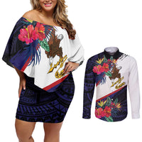 American Samoa Flag Day Since 1900 Couples Matching Off Shoulder Short Dress and Long Sleeve Button Shirt Samoa Muamua Le Atua Tropical Flowers LT9 Blue - Polynesian Pride