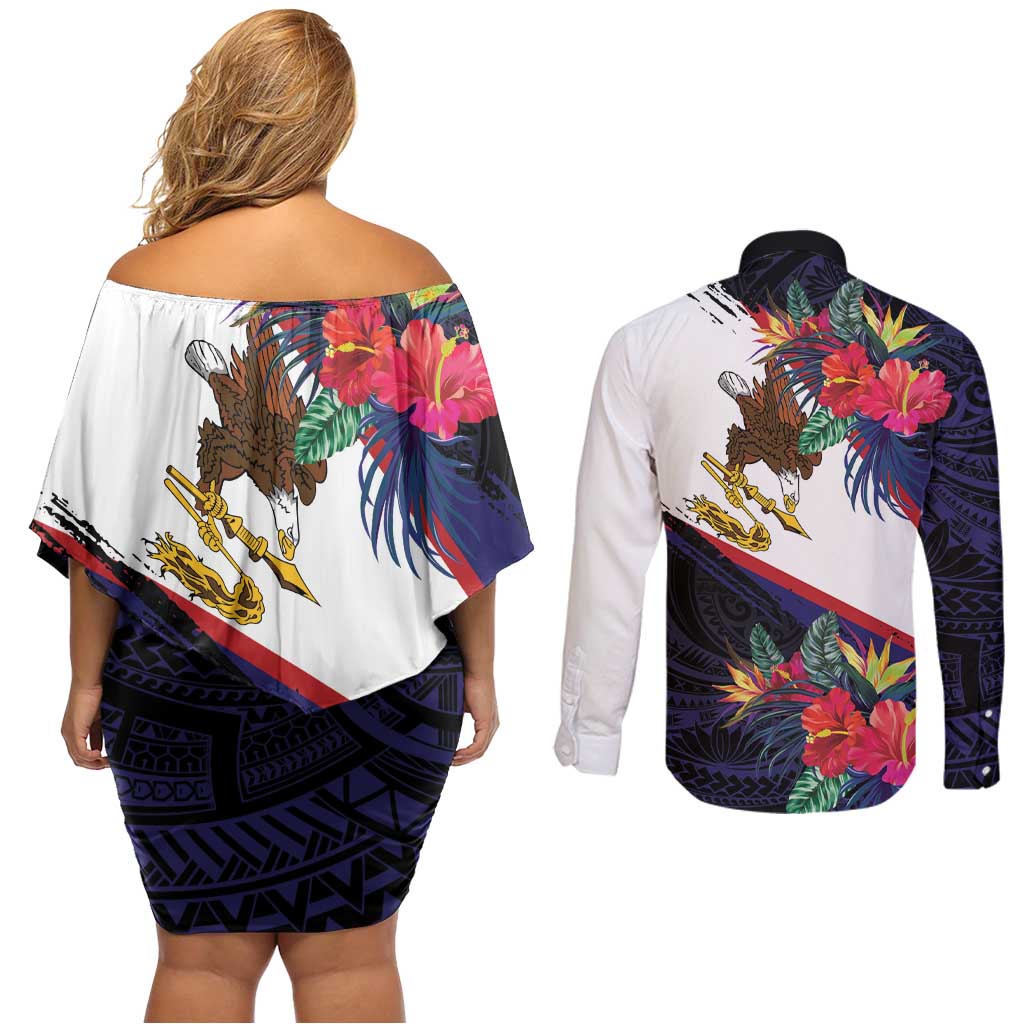 American Samoa Flag Day Since 1900 Couples Matching Off Shoulder Short Dress and Long Sleeve Button Shirt Samoa Muamua Le Atua Tropical Flowers LT9 - Polynesian Pride