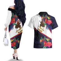 American Samoa Flag Day Since 1900 Couples Matching Off The Shoulder Long Sleeve Dress and Hawaiian Shirt Samoa Muamua Le Atua Tropical Flowers LT9 - Polynesian Pride