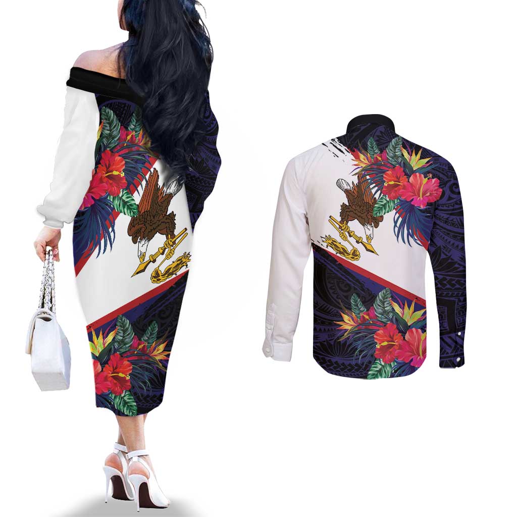 American Samoa Flag Day Since 1900 Couples Matching Off The Shoulder Long Sleeve Dress and Long Sleeve Button Shirt Samoa Muamua Le Atua Tropical Flowers LT9 - Polynesian Pride