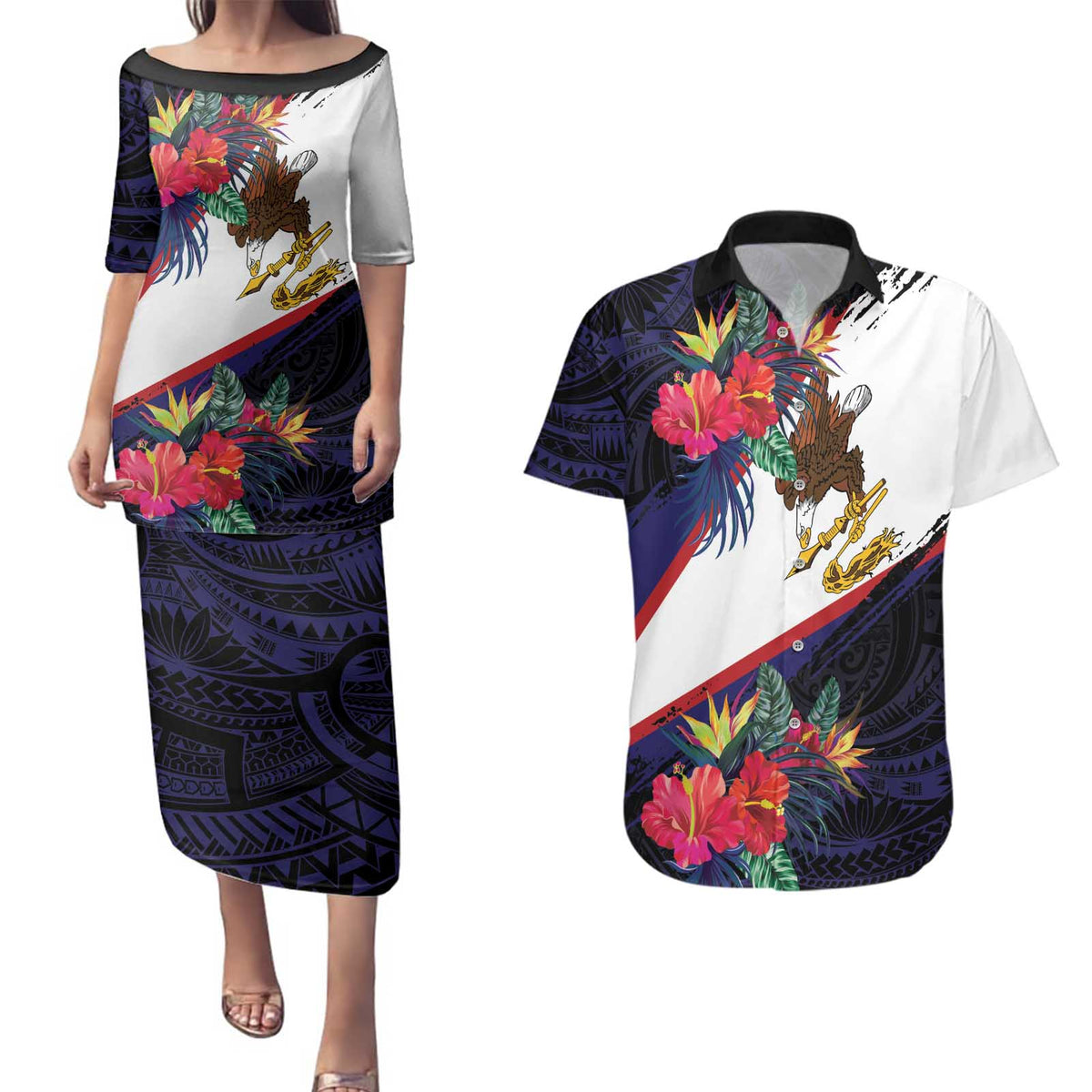 American Samoa Flag Day Since 1900 Couples Matching Puletasi and Hawaiian Shirt Samoa Muamua Le Atua Tropical Flowers LT9 Blue - Polynesian Pride