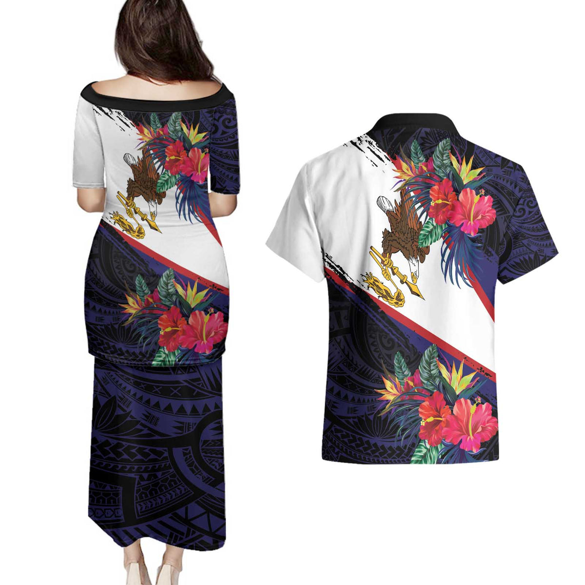 American Samoa Flag Day Since 1900 Couples Matching Puletasi and Hawaiian Shirt Samoa Muamua Le Atua Tropical Flowers LT9 - Polynesian Pride