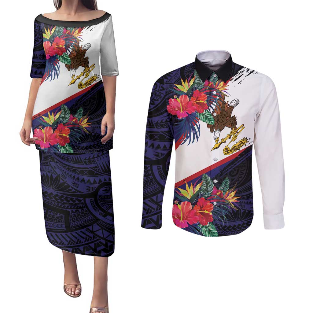 American Samoa Flag Day Since 1900 Couples Matching Puletasi and Long Sleeve Button Shirt Samoa Muamua Le Atua Tropical Flowers LT9 Blue - Polynesian Pride