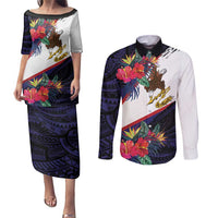 American Samoa Flag Day Since 1900 Couples Matching Puletasi and Long Sleeve Button Shirt Samoa Muamua Le Atua Tropical Flowers LT9 Blue - Polynesian Pride