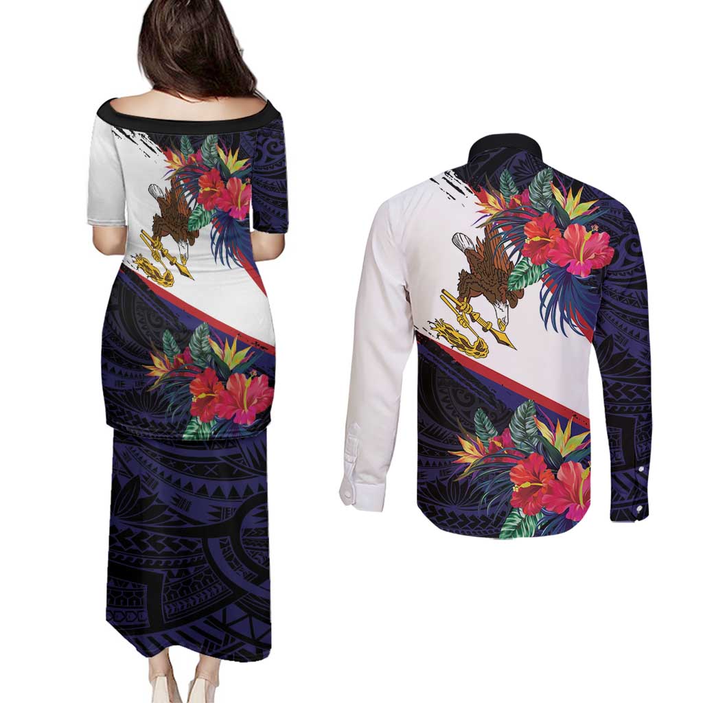 American Samoa Flag Day Since 1900 Couples Matching Puletasi and Long Sleeve Button Shirt Samoa Muamua Le Atua Tropical Flowers LT9 - Polynesian Pride