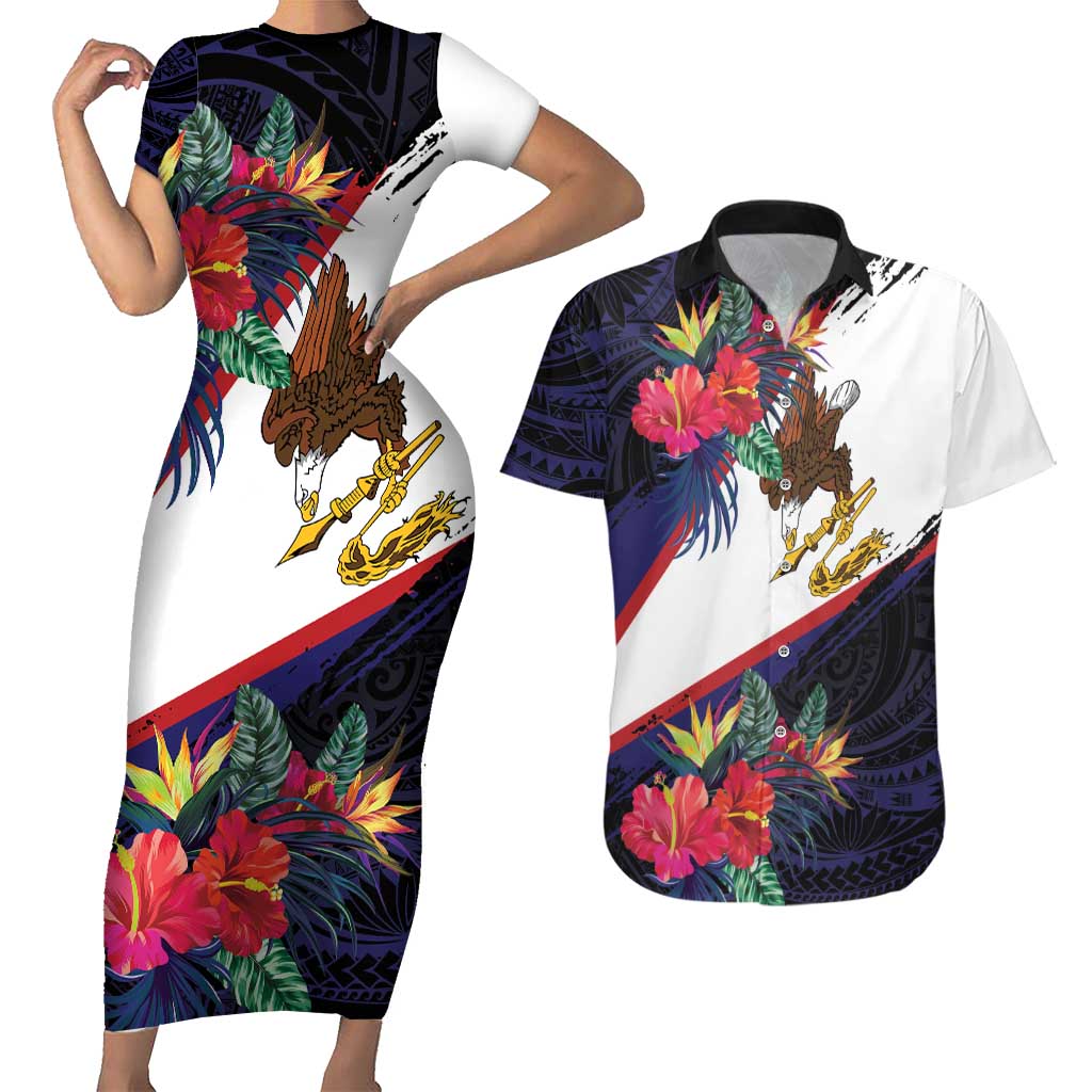 American Samoa Flag Day Since 1900 Couples Matching Short Sleeve Bodycon Dress and Hawaiian Shirt Samoa Muamua Le Atua Tropical Flowers LT9 Blue - Polynesian Pride