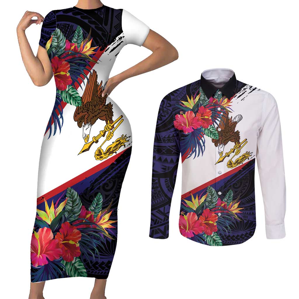 American Samoa Flag Day Since 1900 Couples Matching Short Sleeve Bodycon Dress and Long Sleeve Button Shirt Samoa Muamua Le Atua Tropical Flowers LT9 Blue - Polynesian Pride