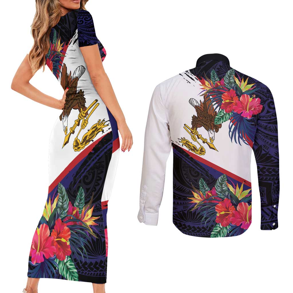 American Samoa Flag Day Since 1900 Couples Matching Short Sleeve Bodycon Dress and Long Sleeve Button Shirt Samoa Muamua Le Atua Tropical Flowers LT9 - Polynesian Pride