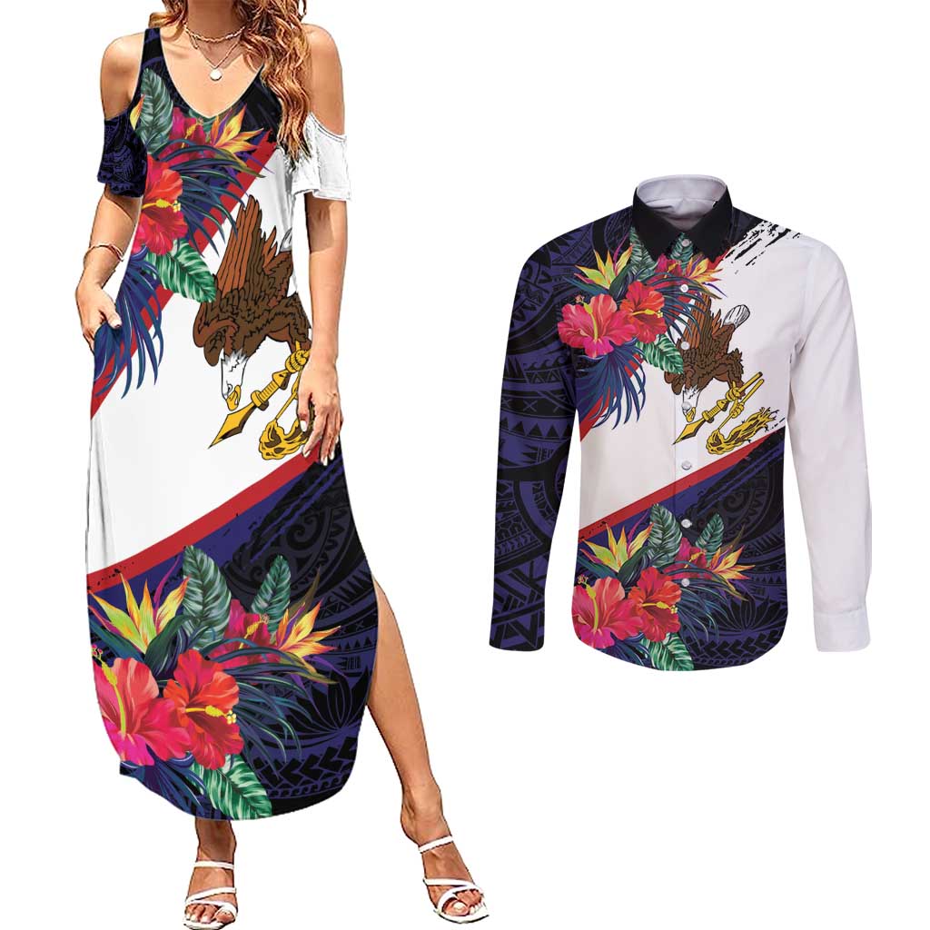 American Samoa Flag Day Since 1900 Couples Matching Summer Maxi Dress and Long Sleeve Button Shirt Samoa Muamua Le Atua Tropical Flowers LT9 Blue - Polynesian Pride