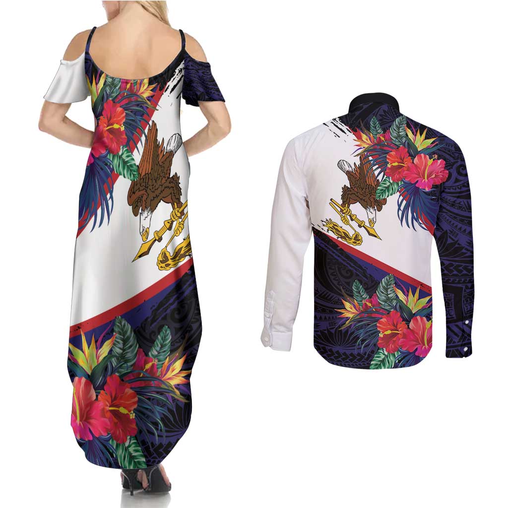 American Samoa Flag Day Since 1900 Couples Matching Summer Maxi Dress and Long Sleeve Button Shirt Samoa Muamua Le Atua Tropical Flowers LT9 - Polynesian Pride