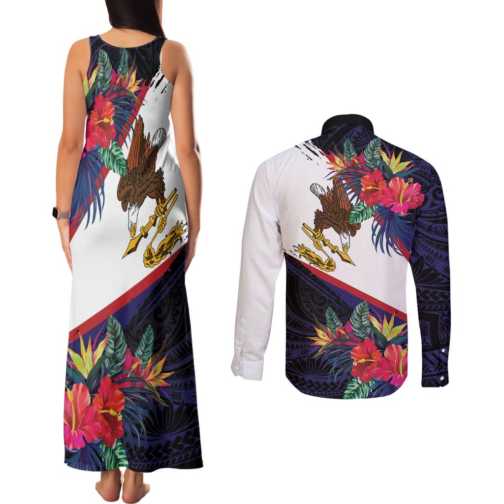 American Samoa Flag Day Since 1900 Couples Matching Tank Maxi Dress and Long Sleeve Button Shirt Samoa Muamua Le Atua Tropical Flowers LT9 - Polynesian Pride