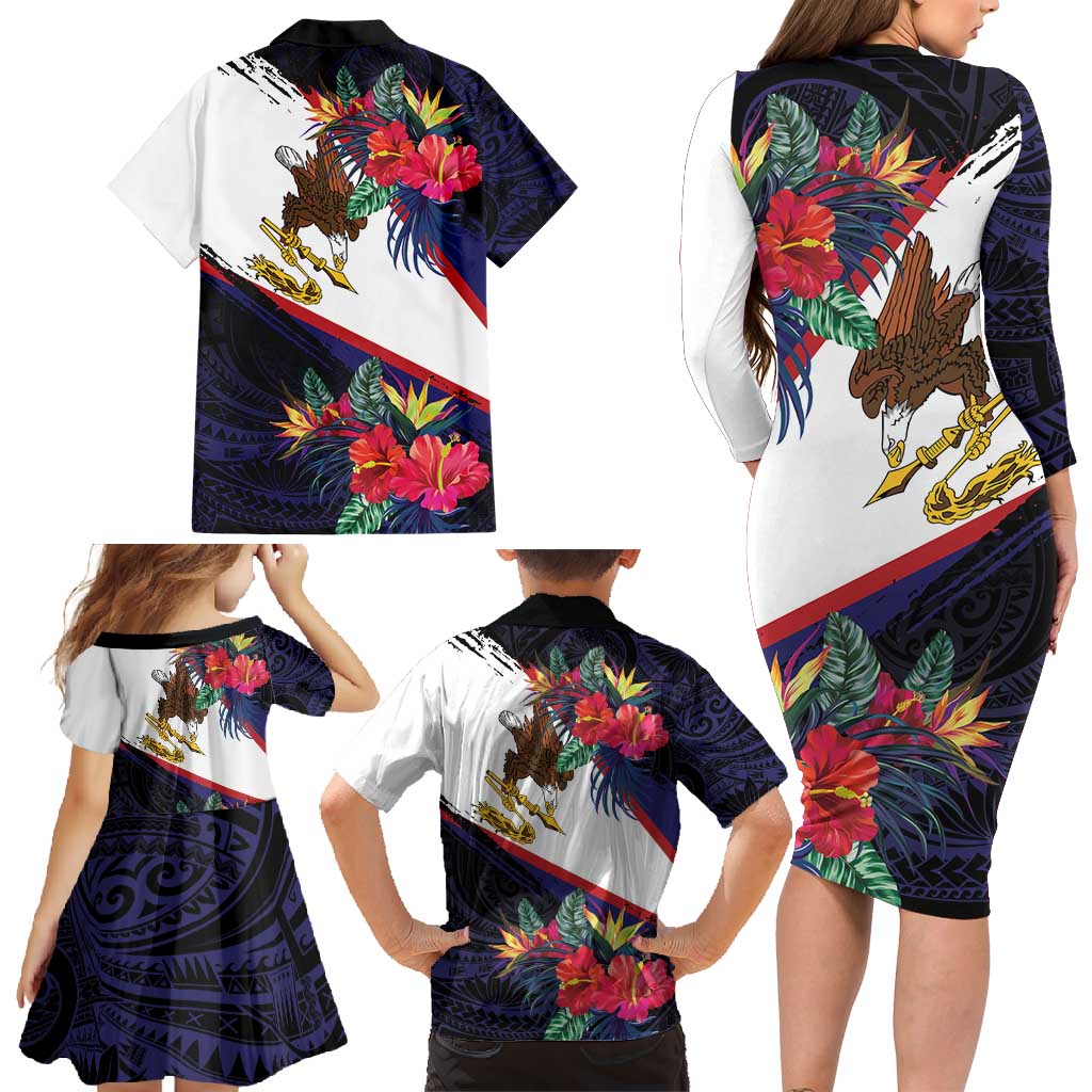 American Samoa Flag Day Since 1900 Family Matching Long Sleeve Bodycon Dress and Hawaiian Shirt Samoa Muamua Le Atua Tropical Flowers LT9 - Polynesian Pride
