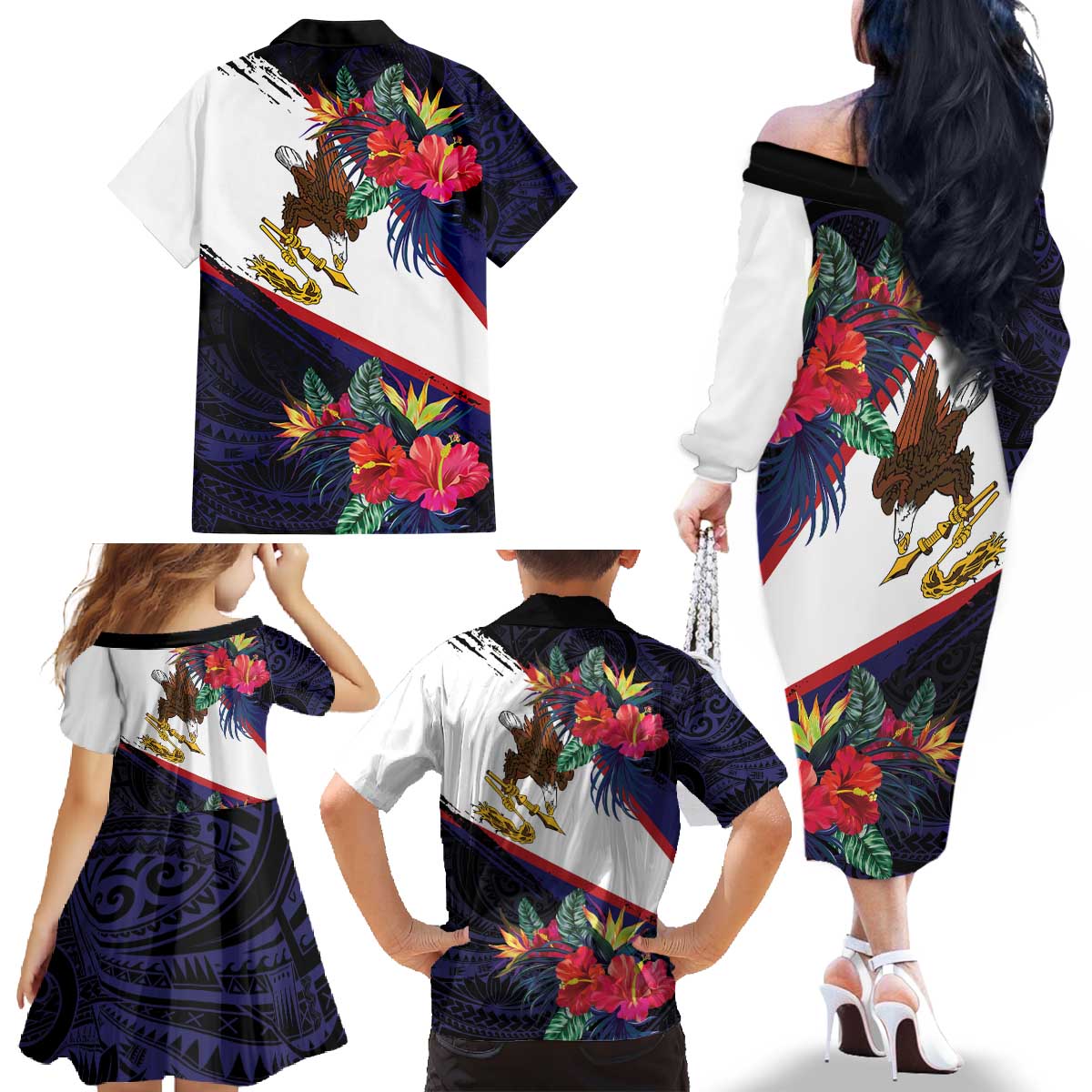 American Samoa Flag Day Since 1900 Family Matching Off The Shoulder Long Sleeve Dress and Hawaiian Shirt Samoa Muamua Le Atua Tropical Flowers LT9 - Polynesian Pride