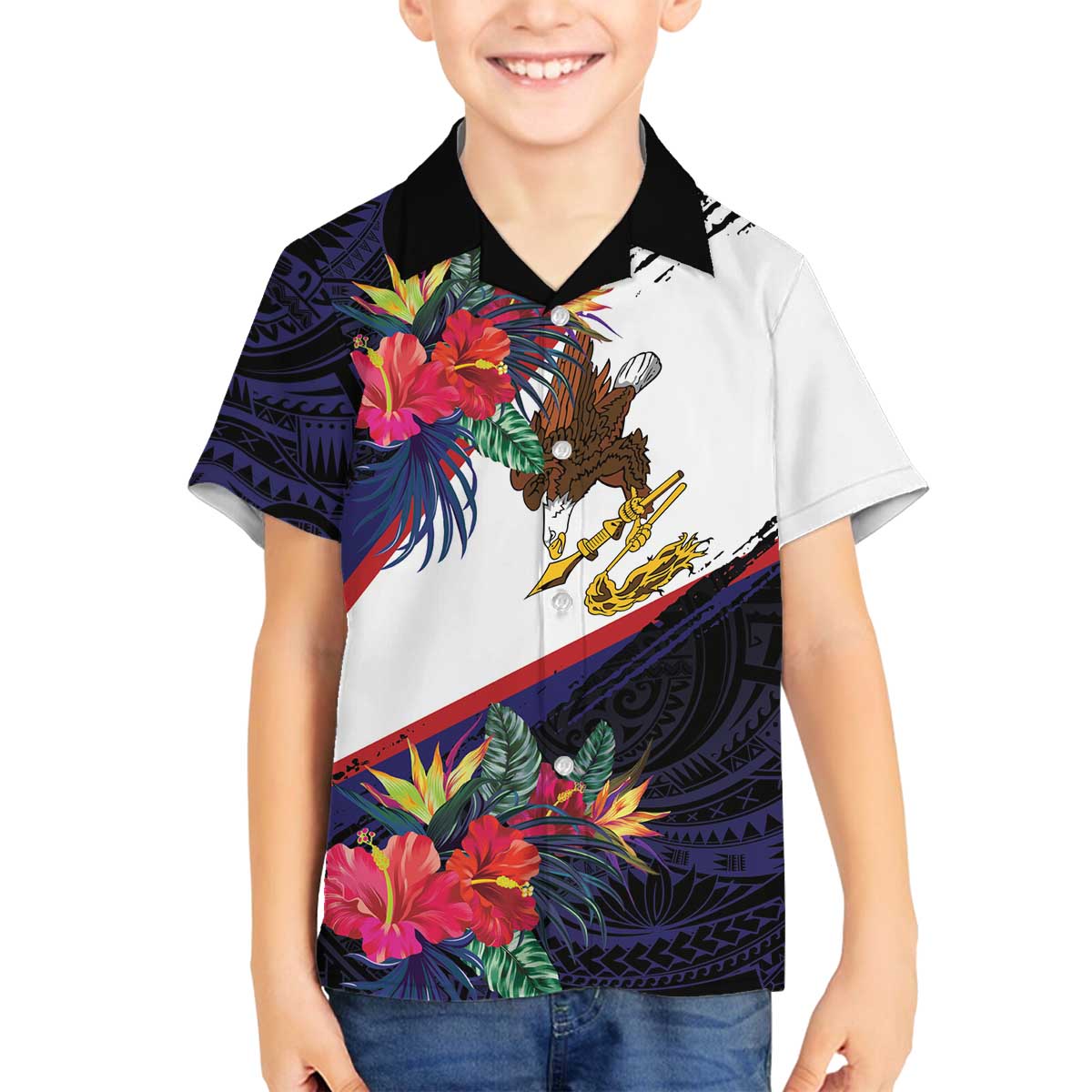 American Samoa Flag Day Since 1900 Family Matching Off The Shoulder Long Sleeve Dress and Hawaiian Shirt Samoa Muamua Le Atua Tropical Flowers LT9 Son's Shirt Blue - Polynesian Pride