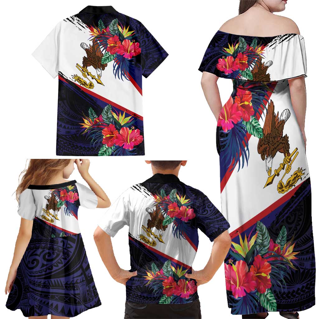 American Samoa Flag Day Since 1900 Family Matching Off Shoulder Maxi Dress and Hawaiian Shirt Samoa Muamua Le Atua Tropical Flowers LT9 - Polynesian Pride