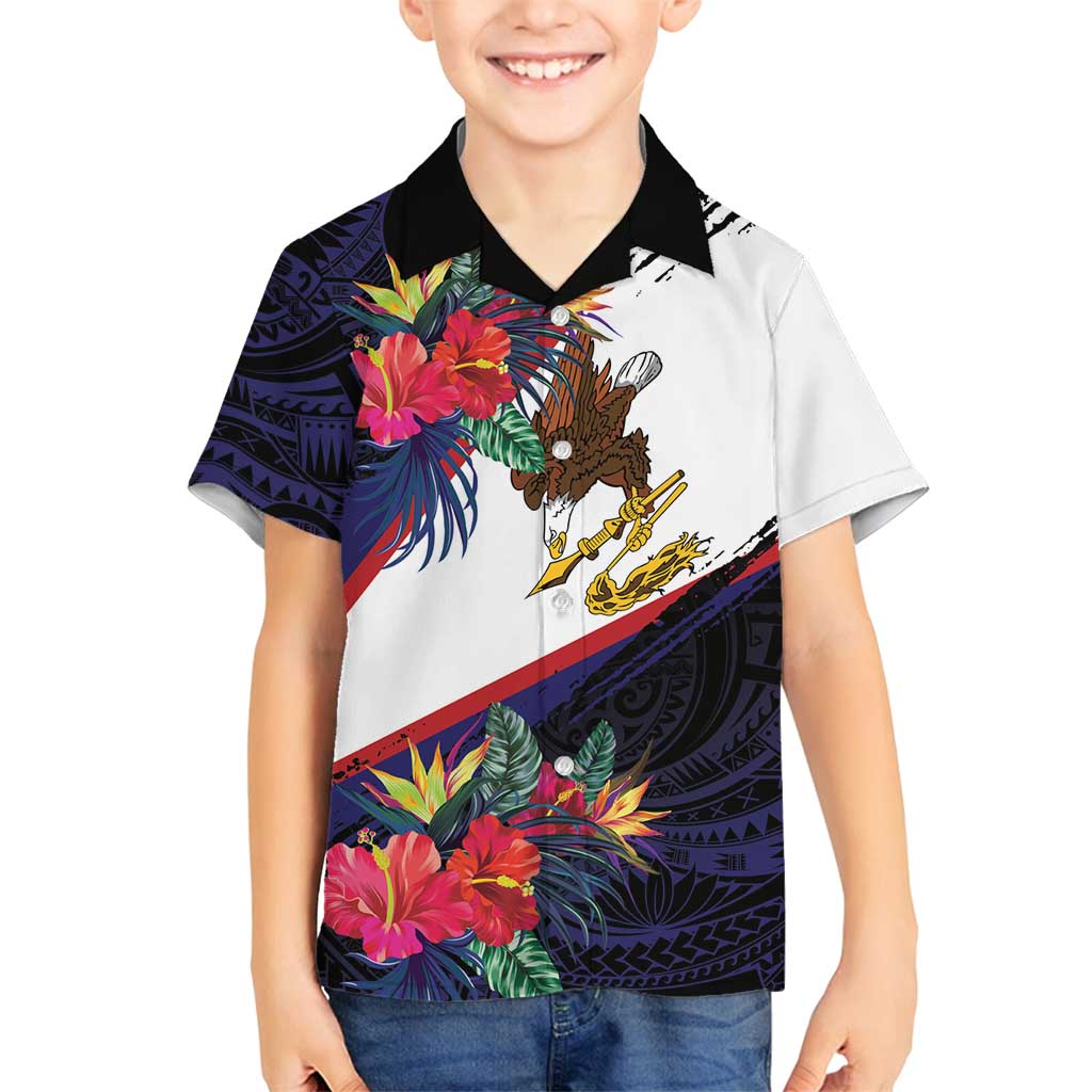 American Samoa Flag Day Since 1900 Family Matching Off Shoulder Short Dress and Hawaiian Shirt Samoa Muamua Le Atua Tropical Flowers LT9 Son's Shirt Blue - Polynesian Pride