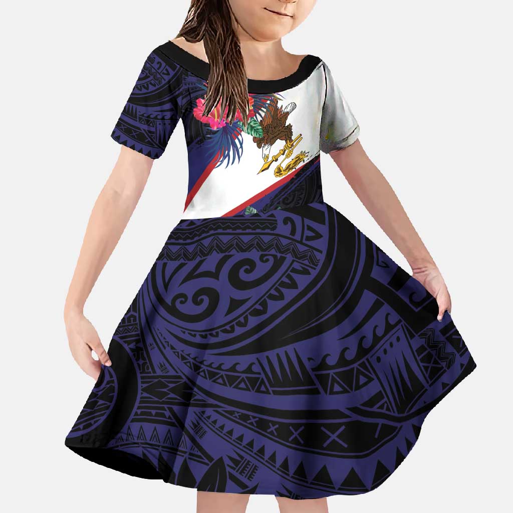 American Samoa Flag Day Since 1900 Family Matching Tank Maxi Dress and Hawaiian Shirt Samoa Muamua Le Atua Tropical Flowers LT9 Daughter's Dress Blue - Polynesian Pride