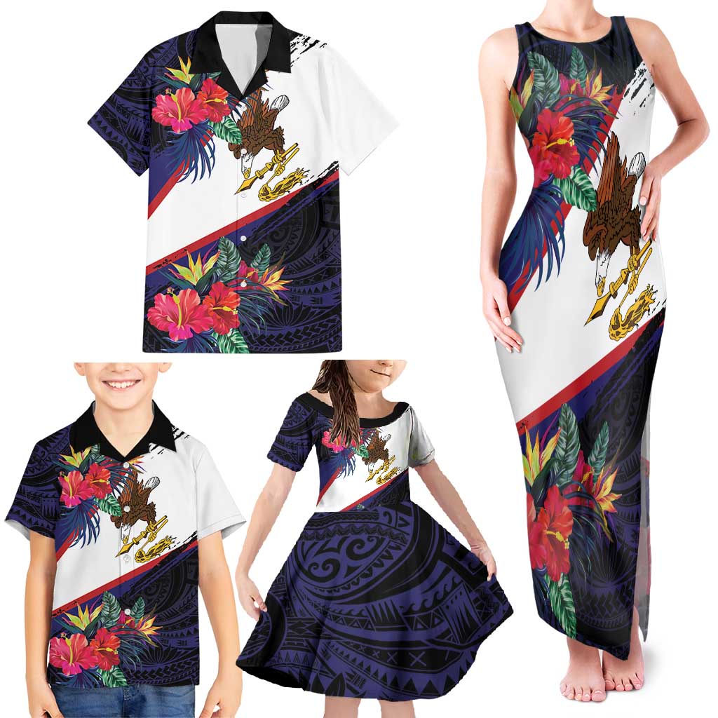American Samoa Flag Day Since 1900 Family Matching Tank Maxi Dress and Hawaiian Shirt Samoa Muamua Le Atua Tropical Flowers LT9 - Polynesian Pride