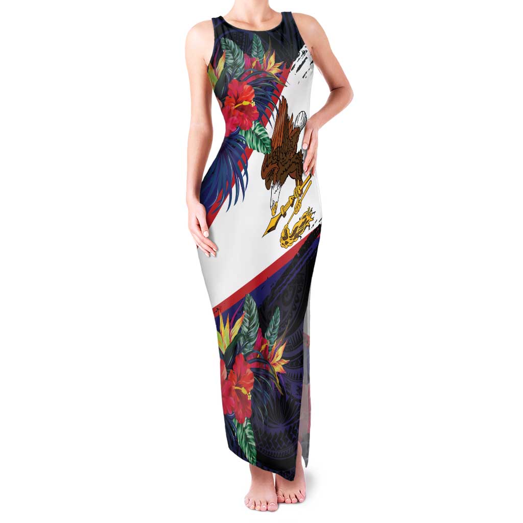 American Samoa Flag Day Since 1900 Family Matching Tank Maxi Dress and Hawaiian Shirt Samoa Muamua Le Atua Tropical Flowers LT9 Mom's Dress Blue - Polynesian Pride