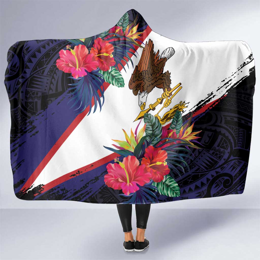 American Samoa Flag Day Since 1900 Hooded Blanket Samoa Muamua Le Atua Tropical Flowers LT9 One Size Blue - Polynesian Pride