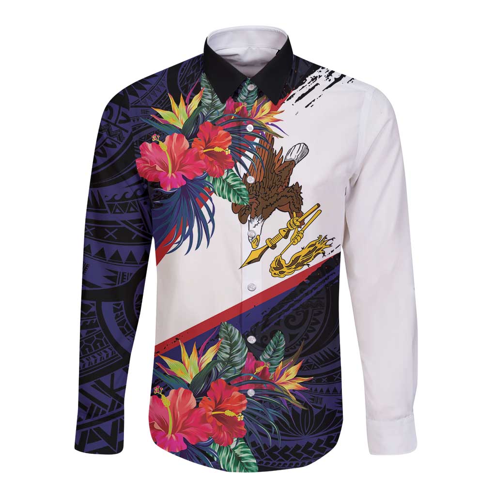 American Samoa Flag Day Since 1900 Long Sleeve Button Shirt Samoa Muamua Le Atua Tropical Flowers LT9 Unisex Blue - Polynesian Pride
