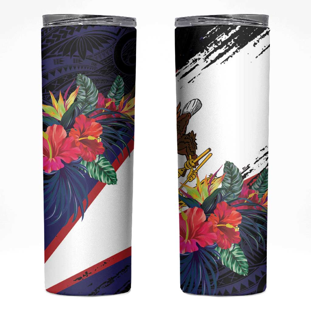 American Samoa Flag Day Since 1900 Skinny Tumbler Samoa Muamua Le Atua Tropical Flowers LT9 Blue - Polynesian Pride