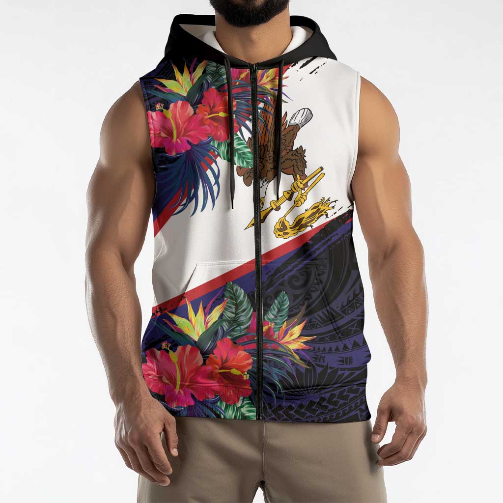 American Samoa Flag Day Since 1900 Sleeveless Zip Hoodie Samoa Muamua Le Atua Tropical Flowers LT9