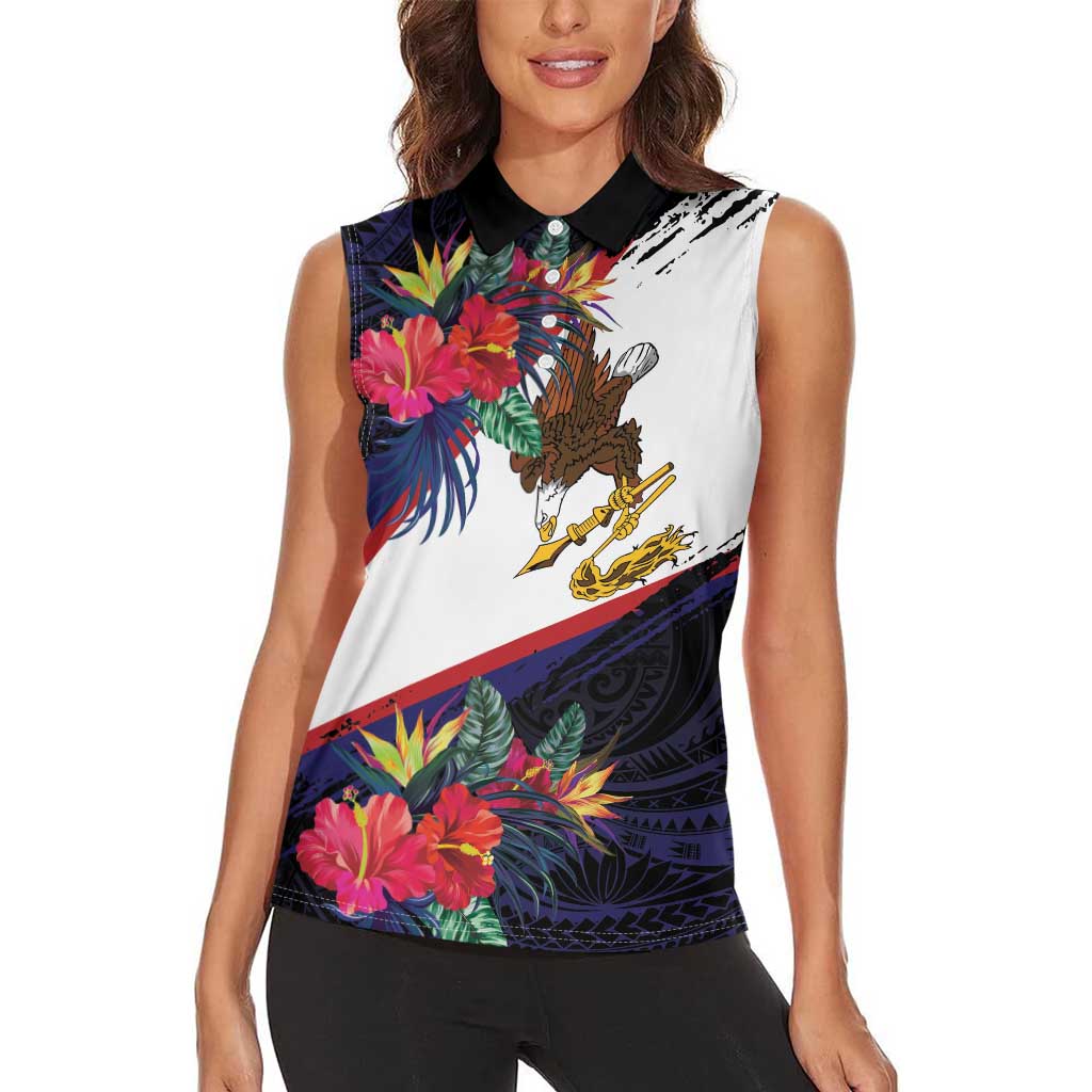 American Samoa Flag Day Since 1900 Women Sleeveless Polo Shirt Samoa Muamua Le Atua Tropical Flowers LT9 - Polynesian Pride