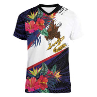 American Samoa Flag Day Since 1900 Women V-Neck T-Shirt Samoa Muamua Le Atua Tropical Flowers LT9 Female Blue - Polynesian Pride