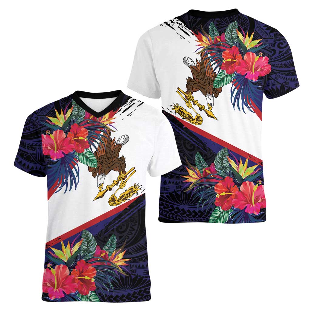 American Samoa Flag Day Since 1900 Women V-Neck T-Shirt Samoa Muamua Le Atua Tropical Flowers LT9 - Polynesian Pride