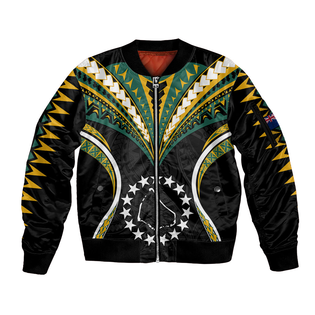(Personalised) Polynesian Pride Manihiki Island Sleeve Zip Bomber Jacket Cook Islands Tribal Wave Style LT9 Unisex Black - Polynesian Pride