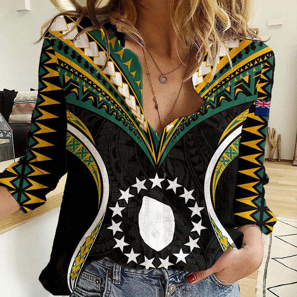 (Personalised) Polynesian Pride Mauke Island Women Casual Shirt Cook Islands Tribal Wave Style LT9 Female Black - Polynesian Pride