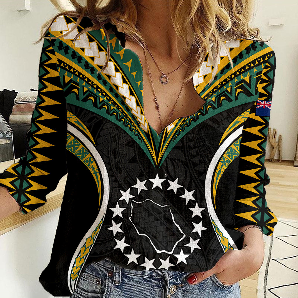 (Personalised) Polynesian Pride Penrhyn Island Women Casual Shirt Cook Islands Tribal Wave Style LT9 Female Black - Polynesian Pride