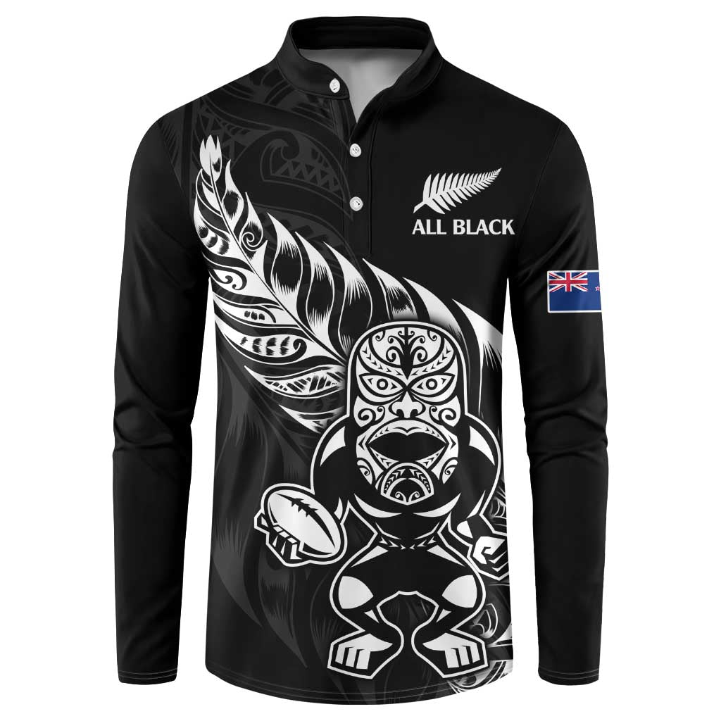 New Zealand Rugby Custom Button Sweatshirt Opango All Black Fern LT9 Black - Polynesian Pride