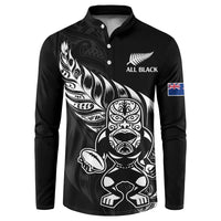 New Zealand Rugby Custom Button Sweatshirt Opango All Black Fern LT9 Black - Polynesian Pride