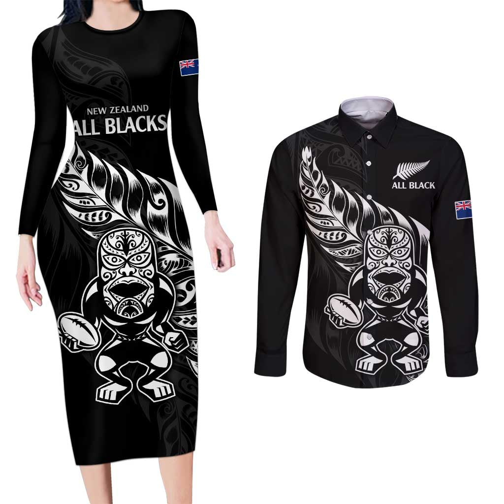 New Zealand Rugby Custom Couples Matching Long Sleeve Bodycon Dress and Long Sleeve Button Shirt Opango All Black Fern LT9 Black - Polynesian Pride