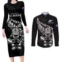 New Zealand Rugby Custom Couples Matching Long Sleeve Bodycon Dress and Long Sleeve Button Shirt Opango All Black Fern LT9 Black - Polynesian Pride
