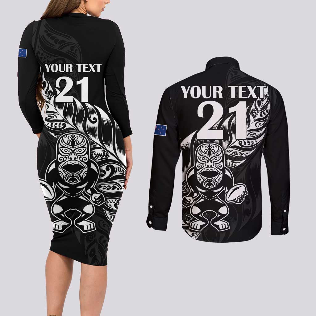 New Zealand Rugby Custom Couples Matching Long Sleeve Bodycon Dress and Long Sleeve Button Shirt Opango All Black Fern LT9 - Polynesian Pride