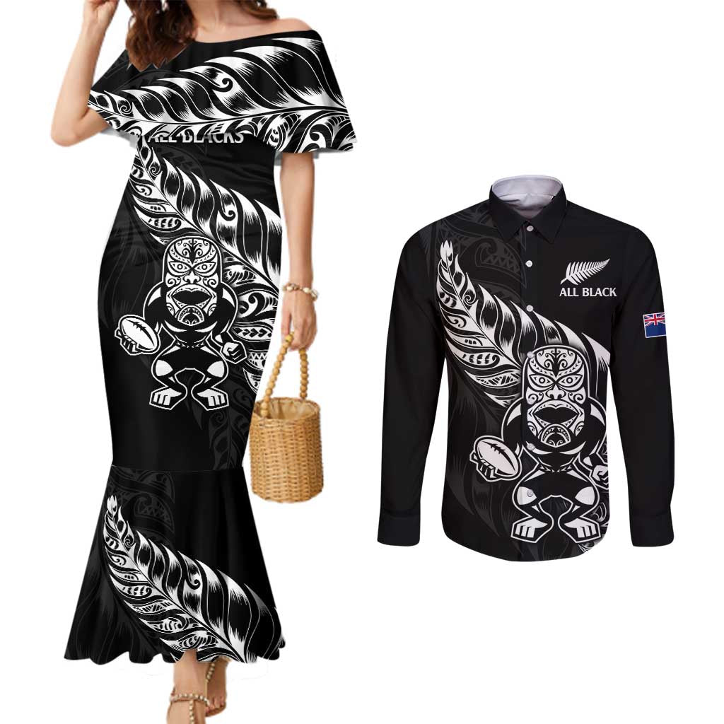 New Zealand Rugby Custom Couples Matching Mermaid Dress and Long Sleeve Button Shirt Opango All Black Fern LT9 Black - Polynesian Pride
