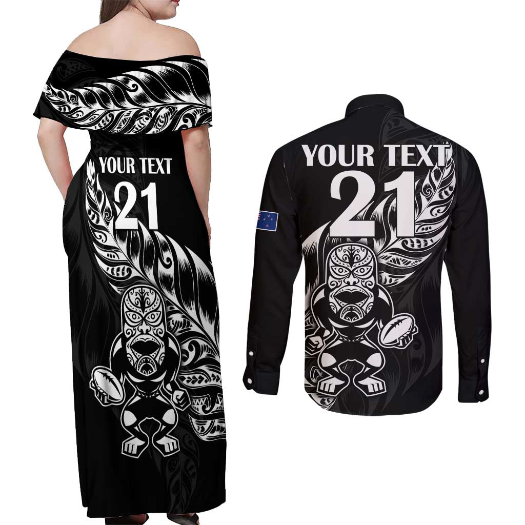 New Zealand Rugby Custom Couples Matching Off Shoulder Maxi Dress and Long Sleeve Button Shirt Opango All Black Fern LT9 - Polynesian Pride