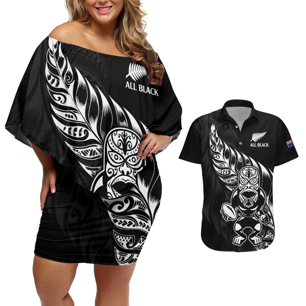 New Zealand Rugby Custom Couples Matching Off Shoulder Short Dress and Hawaiian Shirt Opango All Black Fern LT9 Black - Polynesian Pride